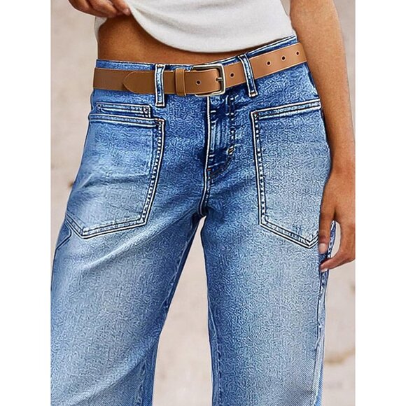 Women’s Straight Leg Jeans Mid Rise Stretchy Patch Pocket Casual Baggy - Picture 2 of 5